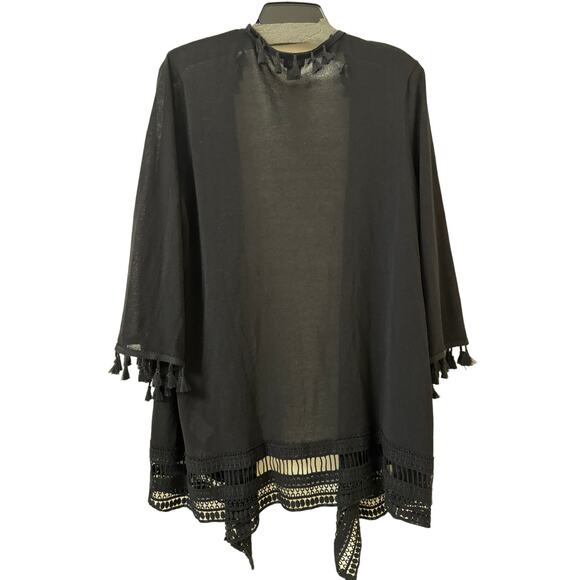 Chico's Size 2, Medium Sheer Black Jacket Tassels Lapel Sleeves Macrame Lace Hem - Picture 1 of 5